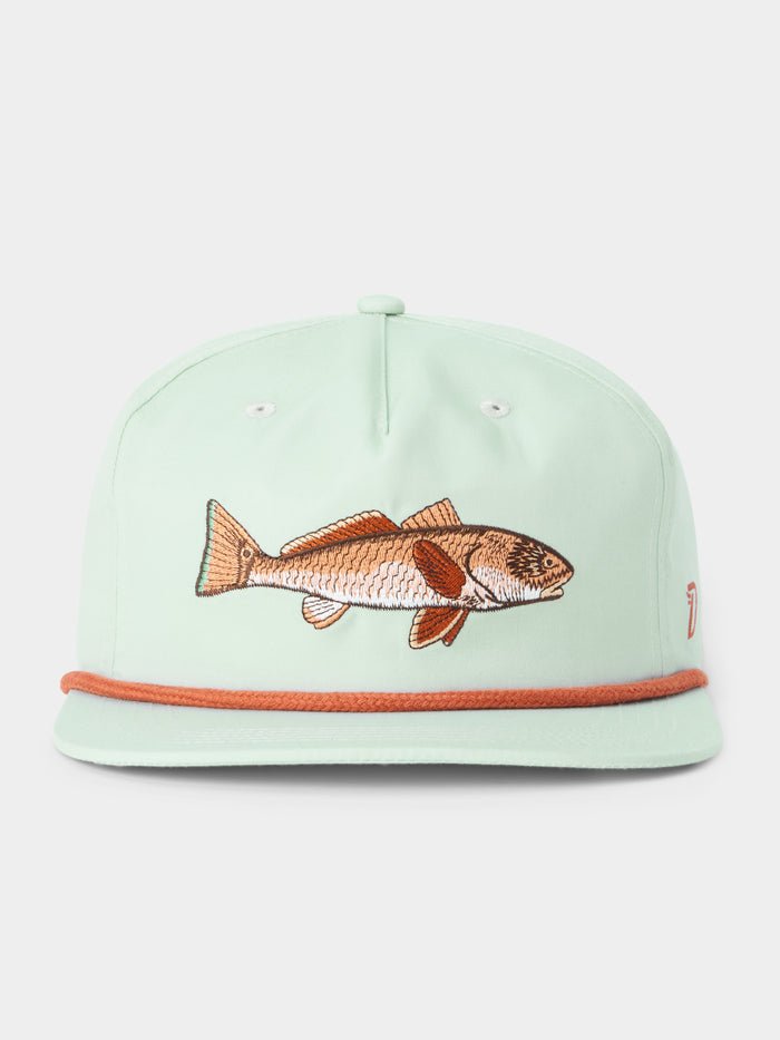 The Duck Camp Grandpa Hat Redfish is a light green 5-panel snapback with an embroidered redfish on the front, orange cord above the brim, and an adjustable snapback for a custom fit.