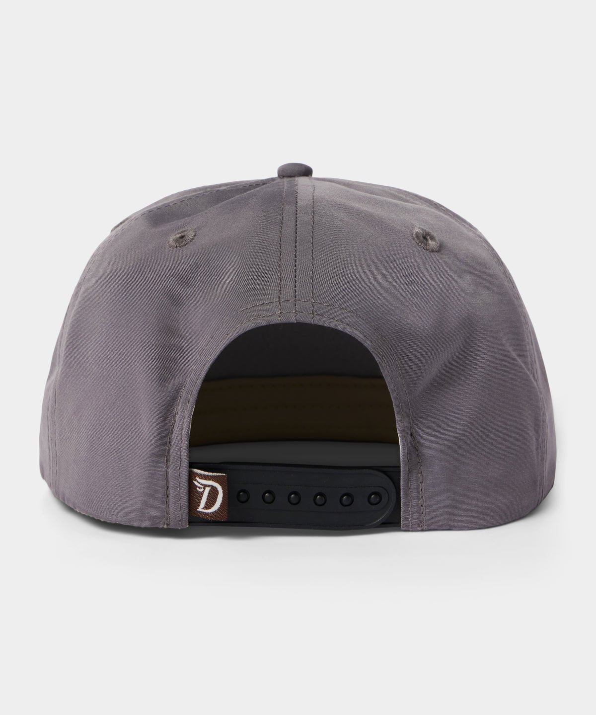 The Duck Camp Grandpa Hat | Trout features a gray snapback design with an adjustable black closure and a small brown logo tag—ideal for any trout hat collection or freshwater sportfish fan.