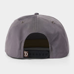 The Duck Camp Grandpa Hat | Trout features a gray snapback design with an adjustable black closure and a small brown logo tag—ideal for any trout hat collection or freshwater sportfish fan.
