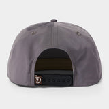 The Duck Camp Grandpa Hat | Trout features a gray snapback design with an adjustable black closure and a small brown logo tag—ideal for any trout hat collection or freshwater sportfish fan.