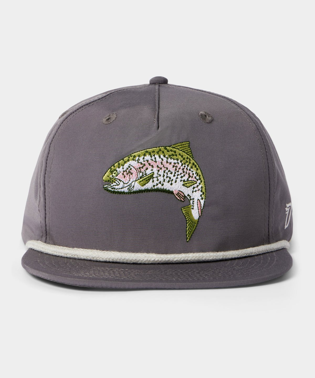 The Duck Camp Grandpa Hat | Trout is a gray snapback hat with rope detail on the brim and an embroidered freshwater sportfish, making it the perfect trout hat for anglers.