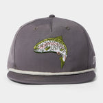 The Duck Camp Grandpa Hat | Trout is a gray snapback hat with rope detail on the brim and an embroidered freshwater sportfish, making it the perfect trout hat for anglers.