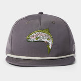 The Duck Camp Grandpa Hat | Trout is a gray snapback hat with rope detail on the brim and an embroidered freshwater sportfish, making it the perfect trout hat for anglers.