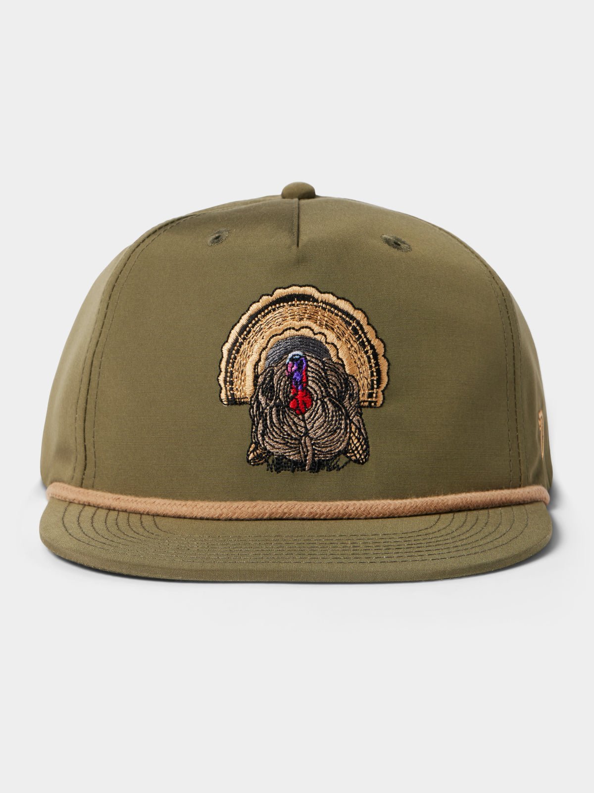 The Grandpa Hat | Turkey by Duck Camp features an embroidered turkey design, olive green color, tan cord trim above the brim, two top ventilation holes, and an adjustable snapback for a custom fit.