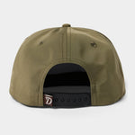 The Grandpa Hat | Turkey by Duck Camp is an olive green cap shown from the back, featuring a black adjustable snap closure and a small brown "D" tag—an ideal Turkey Hat with a comfortable adjustable snapback fit.