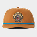 The Duck Camp Grandpa Hat | Turkey features a blue trim, an embroidered turkey design on the front, and an adjustable snapback for a perfect fit.