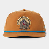 The Duck Camp Grandpa Hat | Turkey features a blue trim, an embroidered turkey design on the front, and an adjustable snapback for a perfect fit.
