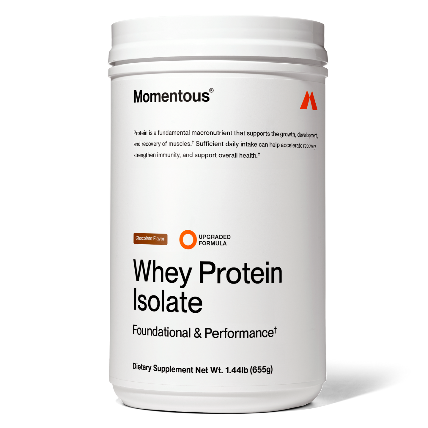 A white container of Momentous Grass-Fed Whey Protein Powder, chocolate flavor with ProHydrolase, labeled foundational and for performance, net weight 1.44 lbs (655g).