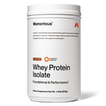 A white tub of momentous Grass-Fed Whey Protein Powder, chocolate flavor, for muscle recovery, with product details and nutritional info shown on the label.