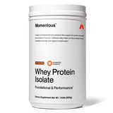 A white container of Momentous Grass-Fed Whey Protein Powder, chocolate flavor with ProHydrolase, labeled foundational and for performance, net weight 1.44 lbs (655g).