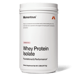 A white container of momentous Grass-Fed Whey Protein Powder, Strawberry Flavor, with black and red text, supports muscle growth and recovery; net weight 1.36 lb (617.5g).