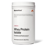 A white container of momentous Grass-Fed Whey Protein Powder in strawberry flavor, featuring ProHydrolase for foundational and performance support, is labeled as a dietary supplement, 1.36 lb (617.5g).