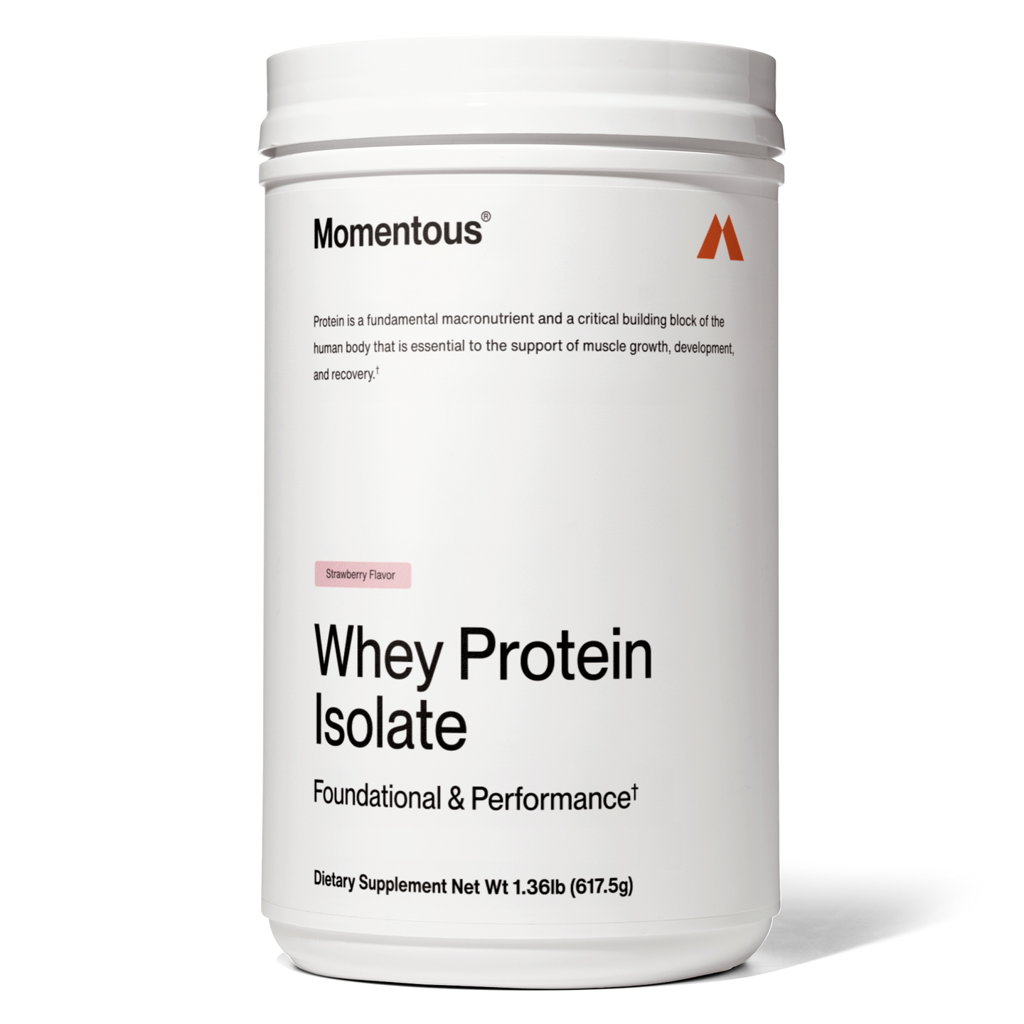 A white container of momentous Grass-Fed Whey Protein Powder in strawberry flavor, featuring ProHydrolase for foundational and performance support, is labeled as a dietary supplement, 1.36 lb (617.5g).