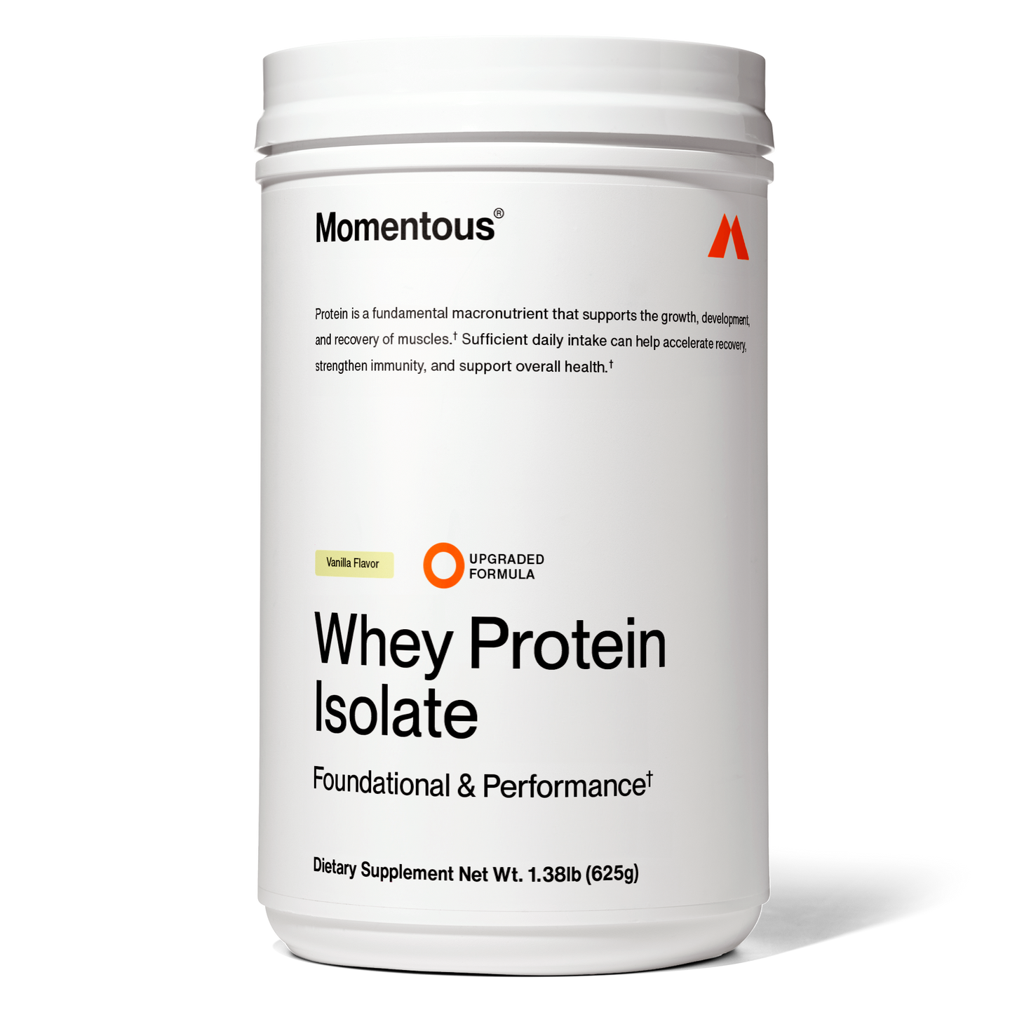 A 1.38 lb (625g) container of Momentous Grass-Fed Whey Protein Powder, vanilla flavor, with ProHydrolase, offers dietary supplement support for foundational and performance needs.