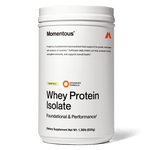 A white container of momentous Grass-Fed Whey Protein Powder, vanilla flavor, dietary supplement for muscle recovery with foundational and performance benefits, net weight 1.38 lb (625 g).