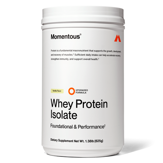 A 1.38 lb (625g) container of Momentous Grass-Fed Whey Protein Powder, vanilla flavor, with ProHydrolase, offers dietary supplement support for foundational and performance needs.
