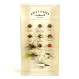 The Mollyjogger Guide Curated Fly Set features ten uniquely named and hand-tied trout flies in a clear case, each fly labeled and displayed under the Mollyjogger brand logo.