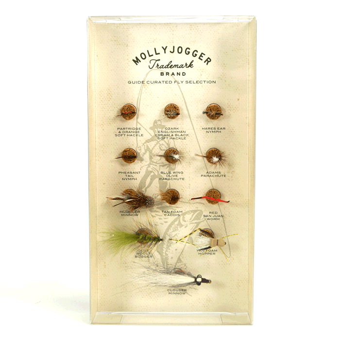 The Mollyjogger Guide Curated Fly Set features ten uniquely named and hand-tied trout flies in a clear case, each fly labeled and displayed under the Mollyjogger brand logo.
