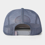 The Gulf Trucker | Cast & Blast by Duck Camp is a blue mesh hat shown from the back, featuring an adjustable snapback closure and a small fabric tag on the left side for added detail.