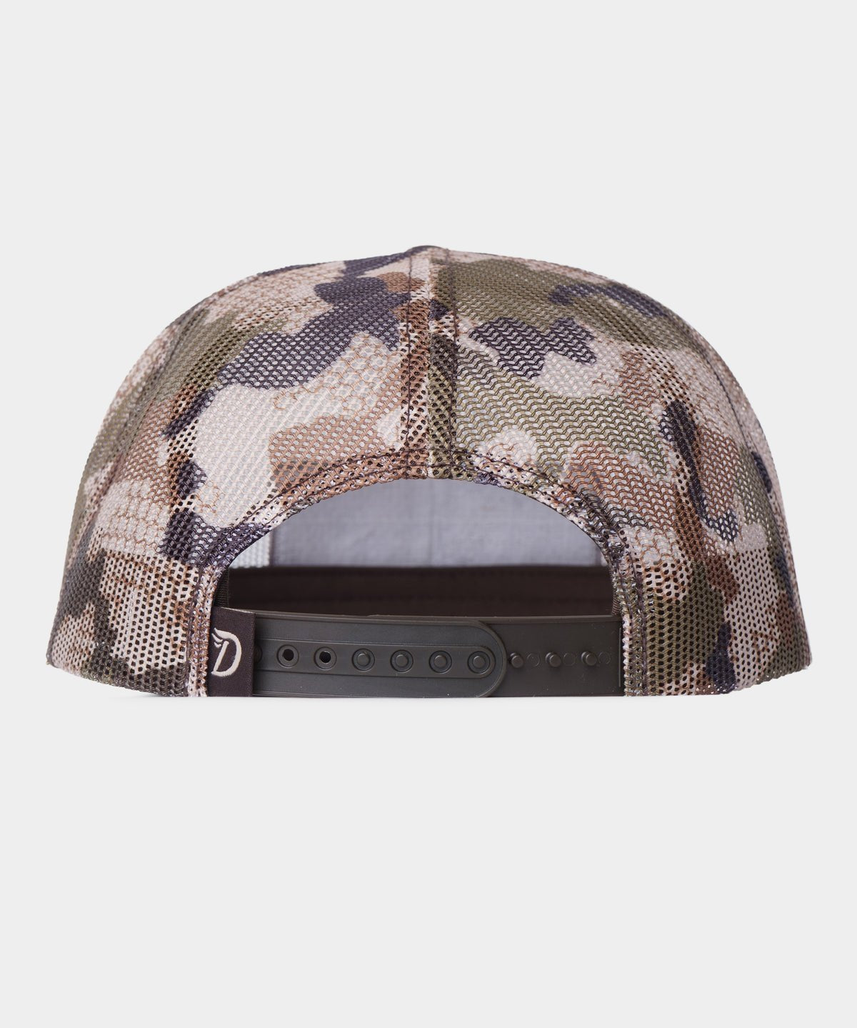Back view of the Duck Camp Gulf Trucker | Wetland hat, featuring breathable mesh panels and an adjustable black plastic snap closure.