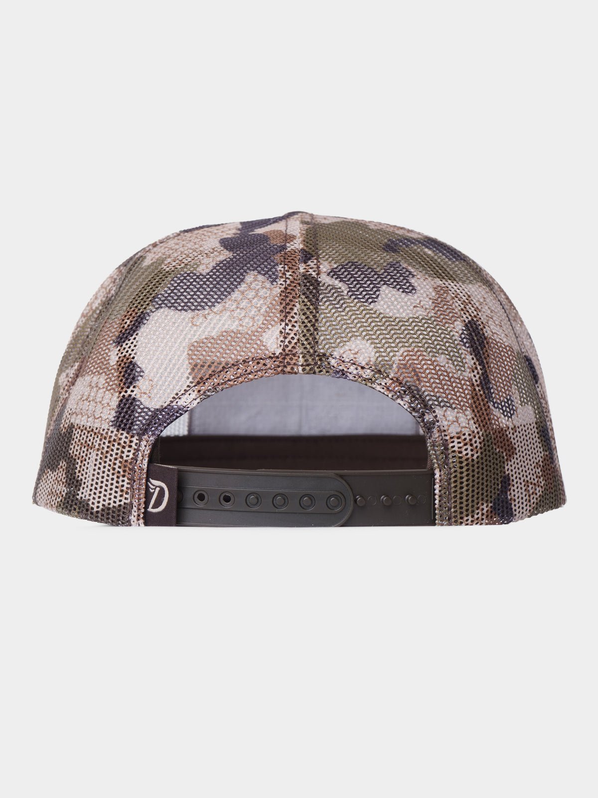 Back view of the Duck Camp Gulf Trucker | Wetland hat, featuring breathable mesh panels and an adjustable black plastic snap closure.