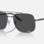 A pair of Ray-Ban Gunmetal with Dark Grey rectangular aviator sunglasses featuring a double bridge, dark grey lenses, thin metal frame, and adjustable nose pads, shown on a white background.