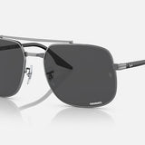 Ray-Ban Gunmetal with Dark Grey sunglasses feature a rectangular sculpted metal frame, dark lenses, and a double bridge design, displayed against a plain white background.