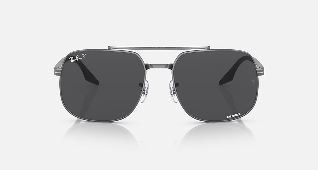 Front view of Ray-Ban Gunmetal with Dark Grey sunglasses featuring a double bridge, rectangular chromance lenses, sculpted metal frame, and Ray-Ban logo on the top left lens against a white background.