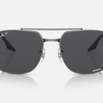 Front view of Ray-Ban Gunmetal with Dark Grey aviator sunglasses, showcasing a sculpted metal frame, dark lenses, and signature double bridge design, displayed on a plain light background.