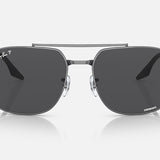 Front view of Ray-Ban Gunmetal with Dark Grey sunglasses featuring a double bridge, rectangular chromance lenses, sculpted metal frame, and Ray-Ban logo on the top left lens against a white background.