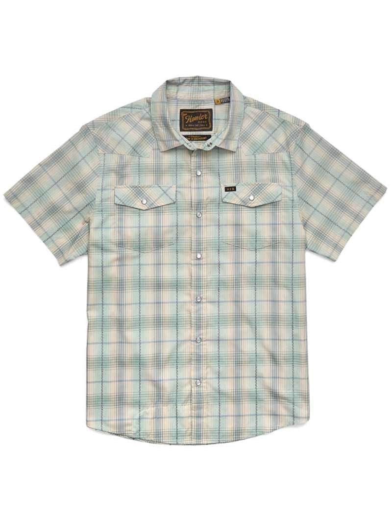 The H Bar B Snapshirt by Howler Brothers is a light blue and white plaid, short-sleeve snap shirt with pearl snaps, two chest pockets, a collar, and quick-drying fabric for all-day comfort.