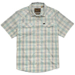 The H Bar B Snapshirt by Howler Brothers is a light blue and white plaid, short-sleeve snap shirt with pearl snaps, two chest pockets, a collar, and quick-drying fabric for all-day comfort.