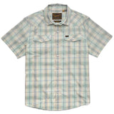 The H Bar B Snapshirt by Howler Brothers is a light blue and white plaid, short-sleeve snap shirt with pearl snaps, two chest pockets, a collar, and quick-drying fabric for all-day comfort.