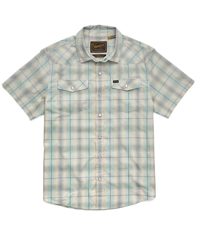 The H Bar B Snapshirt by Howler Brothers is a light blue and white plaid, short-sleeve snap shirt with pearl snaps, two chest pockets, a collar, and quick-drying fabric for all-day comfort.