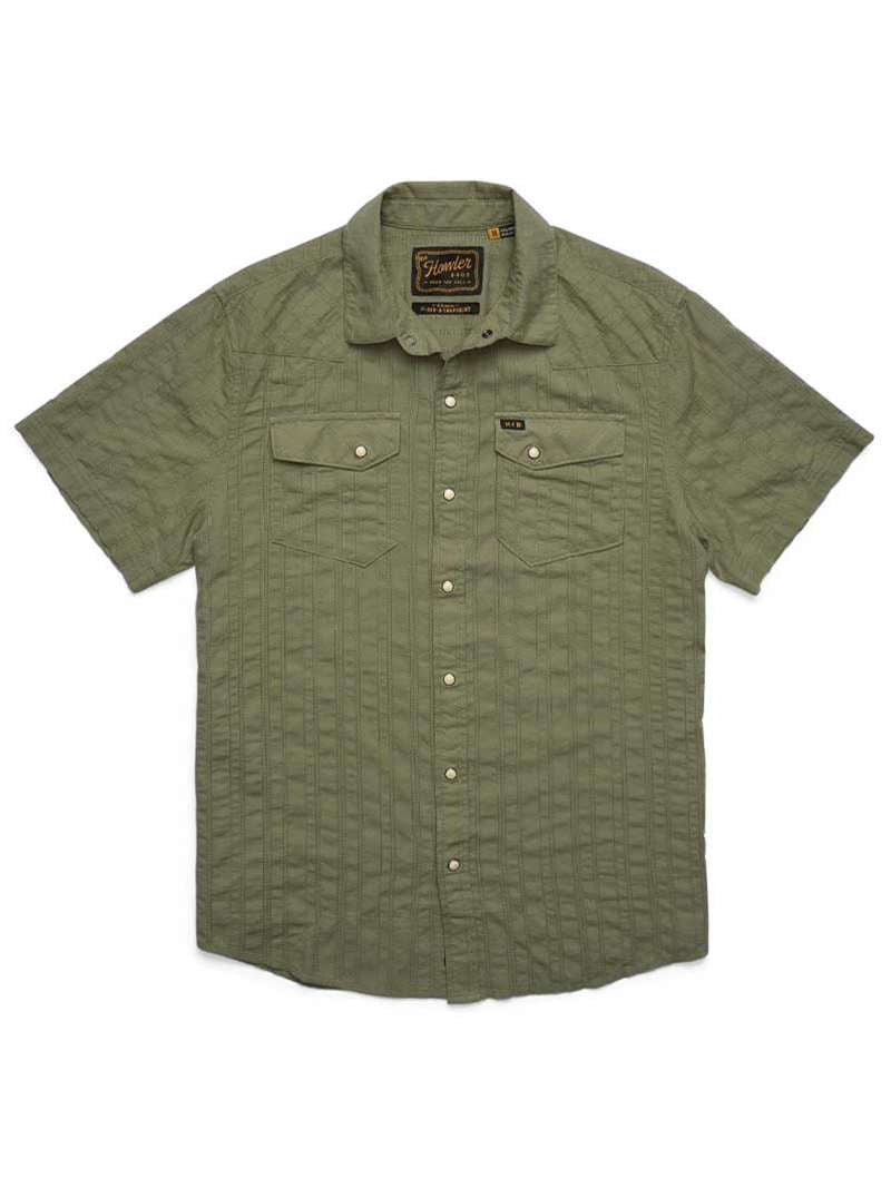 The H Bar B Snapshirt by Howler Brothers is an olive green, short-sleeve button-up with pearl snaps, two chest pockets, and a textured vertical stripe pattern.