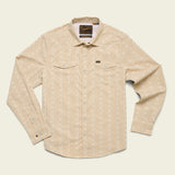 The Howler Brothers H Bar B Tech Long Sleeve is a beige, striped, button-up shirt with two chest pockets and UPF 35 sun protection. This quick-drying shirt has long sleeves and is displayed flat on a light background.