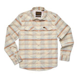 The Howler Brothers H Bar B Tech Long Sleeve shirt features a western plaid design in beige, blue, and light red with two chest pockets and a collar.