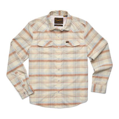The Howler Brothers H Bar B Tech Long Sleeve shirt features a western plaid design in beige, blue, and light red with two chest pockets and a collar.