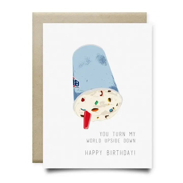 The Happy Birthday | Anvil Cards by Anvil Cards features a hand-drawn upside-down ice cream cup with candies and "You turn my world upside down. Happy Birthday!" on sustainable linen paper—an A2 blank card perfect for sweet birthday wishes.