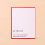 The "Happy Birthday Bucko" letterpress card by And Here We Are features a white front, red border, and "AND HERE WE ARE" text, with brand details printed at the bottom left.