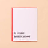The "Happy Birthday Bucko" letterpress card by And Here We Are features a white front, red border, and "AND HERE WE ARE" text, with brand details printed at the bottom left.