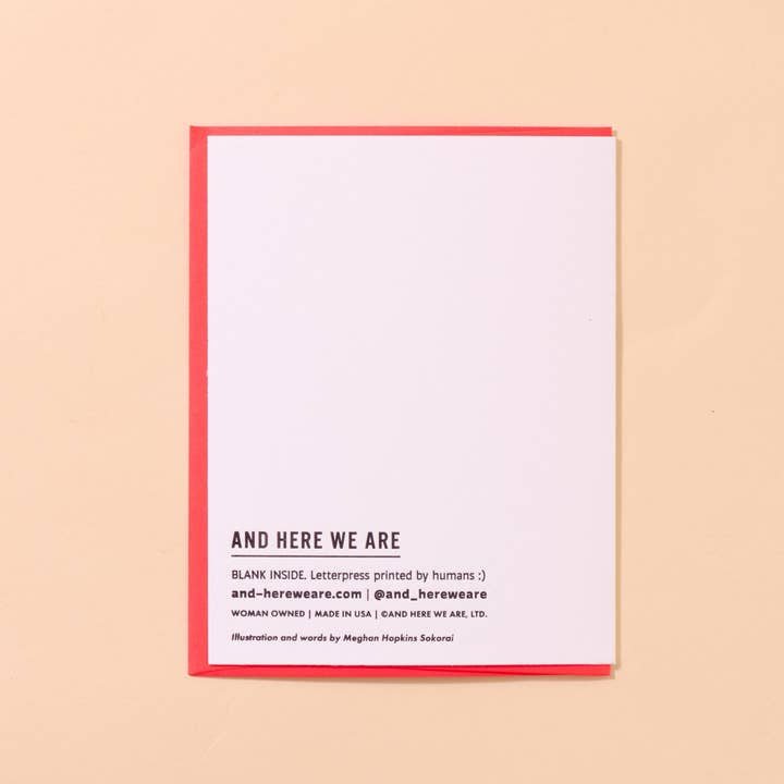 The "Happy Birthday Bucko" letterpress card by And Here We Are features a white front, red border, and "AND HERE WE ARE" text, with brand details printed at the bottom left.