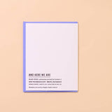 The Happy Birthday Icons Card by And Here We Are is a white letterpress card with black "AND HERE WE ARE" text, shown on a blue envelope against a beige background.