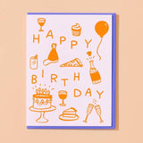 The Happy Birthday Icons Card by And Here We Are is a letterpress card with neon orange cake, pizza, drinks, party hat, balloon illustrations, and "Happy Birthday" on white with a blue border.