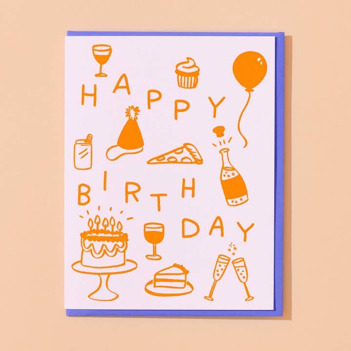 The Happy Birthday Icons Card by And Here We Are is a letterpress card with neon orange cake, pizza, drinks, party hat, balloon illustrations, and "Happy Birthday" on white with a blue border.