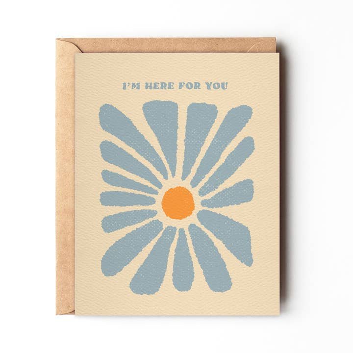 The "Here For You" greeting card by Daydream Prints features a blue and orange floral illustration with "I'M HERE FOR YOU" on the cover, displayed against a white background.