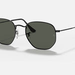 Ray-Ban 3548 Hexagonal Flat Arista sunglasses with black frames and dark green flat crystal lenses, shown on a white background.