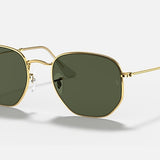 Ray-Ban 3548 Hexagonal Flat Arista sunglasses with gold frames, flat crystal lenses, and thin arms are shown on a plain light background.