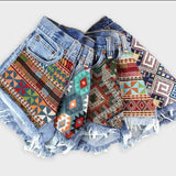 Five pairs of Levi's High-Rise Vintage Denim Cutoff Shorts with woven recycled tapestry, each featuring eco-conscious material and unique colorful geometric and tribal patterns on the front.
