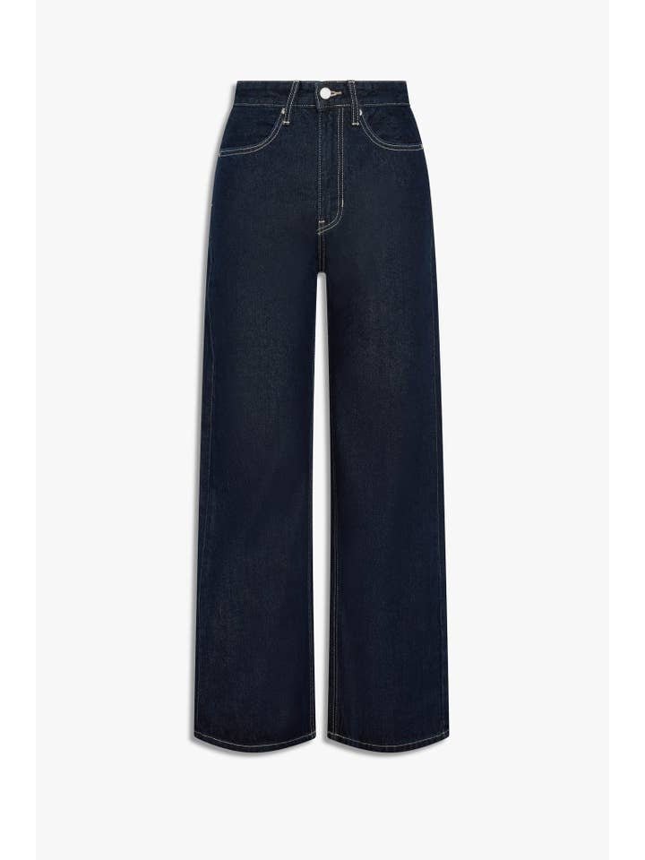 JBD High Waisted Skater Jeans feature a wide-leg silhouette in dark blue denim with front and back pockets, contrast stitching, and a classic button closure for a true 90s skater vibe.